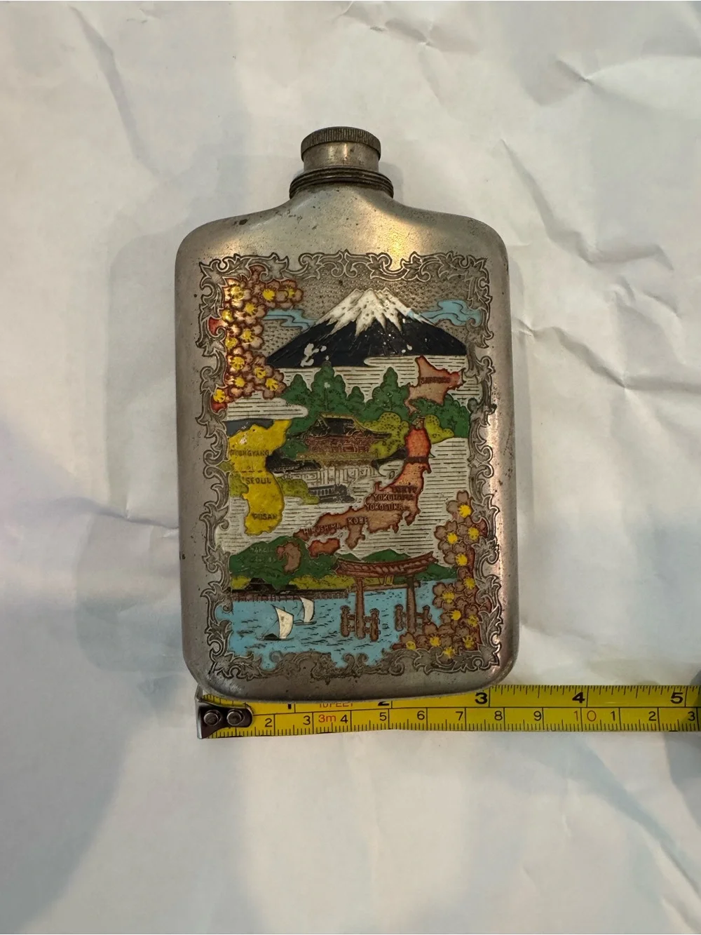 Vintage Korean War Era Silver-Toned Flask With Enameled Map of Korea and Japan